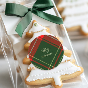 Classic Christmas Plaid with Name Holiday  Classic Round Sticker
