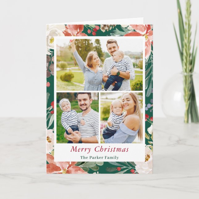Classic Christmas Poinsettia Floral Family 3 Photo Holiday Card (Front)
