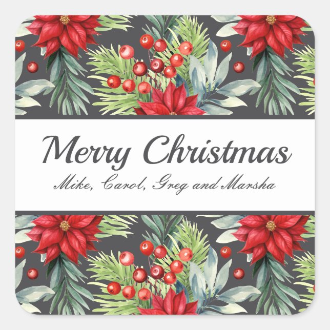 Classic Christmas Poinsettias Custom Holiday Square Sticker (Front)