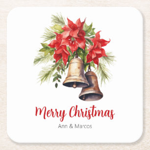 Classic Christmas Poinsettias & Golden Bells Square Paper Coaster