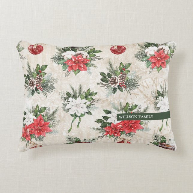  Classic Christmas red and white poinsettia flower Accent Pillow (Front)