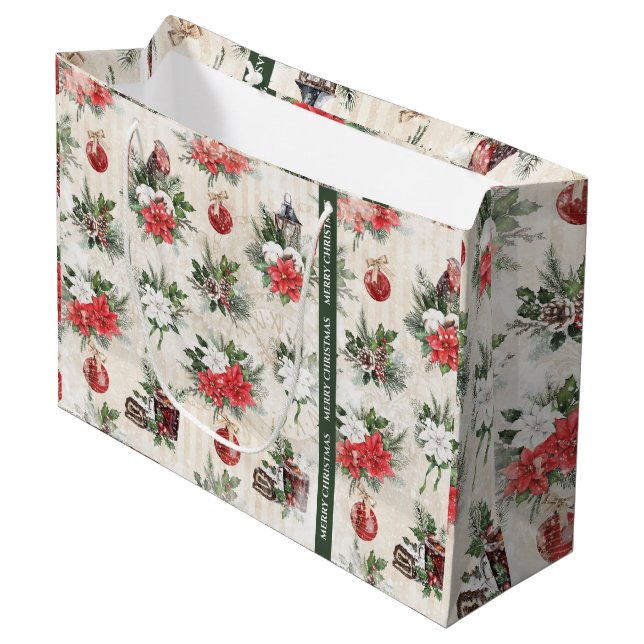 Classic Christmas red and white poinsettia flowers Large Gift Bag (Front Angled)
