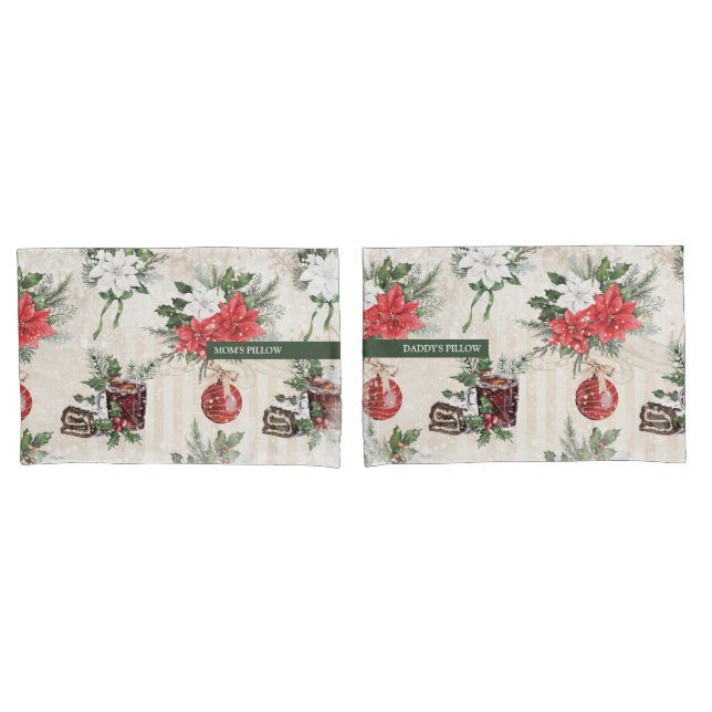 Classic Christmas red and white poinsettia flowers Pillowcase (Front-Set)
