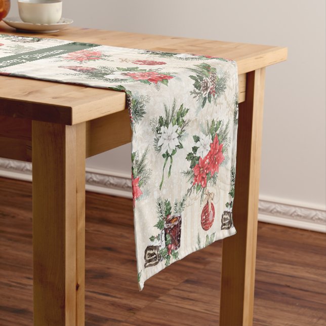 Classic Christmas red and white poinsettia flowers Short Table Runner (In Situ)