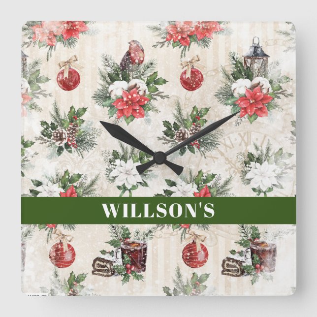 Classic Christmas red and white poinsettia flowers Square Wall Clock (Front)