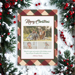 Classic Christmas Red Green Plaid 3 Photo  Holiday Card
