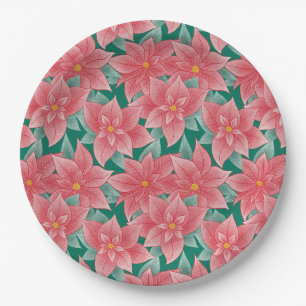 Classic Christmas Red & Green Poinsettia Floral Paper Plate