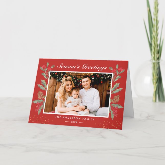 Classic Christmas Red Holly Berries Photo Greeting Holiday Card (Front)