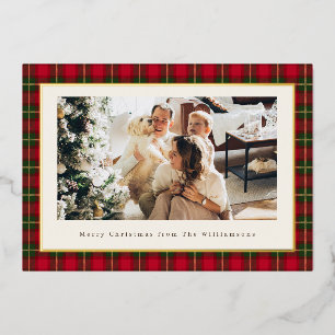 Classic Christmas Red Plaid Horizontal Photo Gold Foil Holiday Card