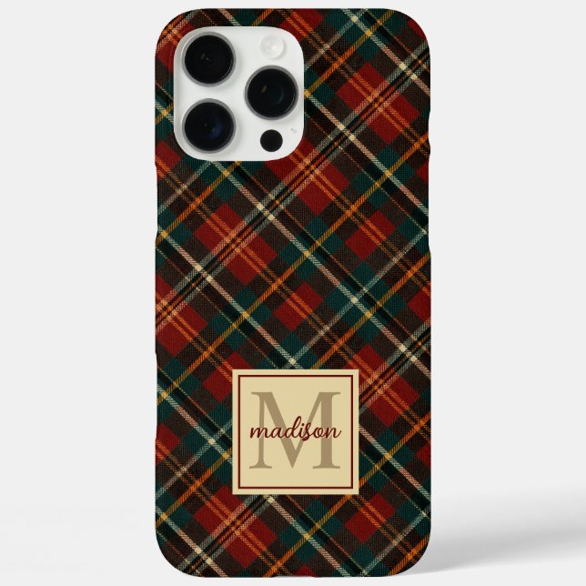 Classic Christmas Red Tartan Plaid Monogram Name Case-Mate iPhone Case (Back)