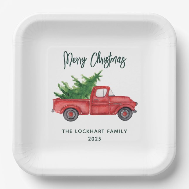 Classic Christmas Red Truck Script Holiday Custom Paper Plate (Front)