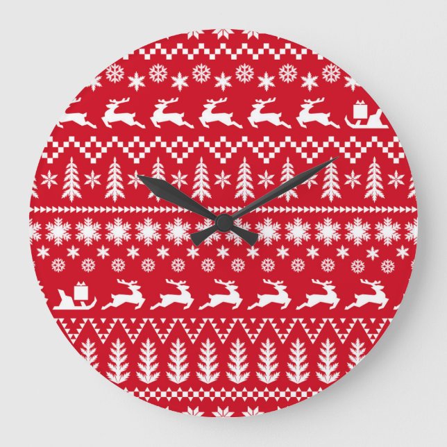Classic Christmas: Red White Winter Pattern Large Clock (Front)