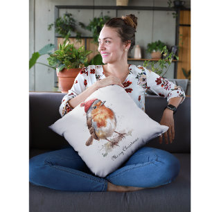 Classic Christmas Robin, custom  Throw Pillow