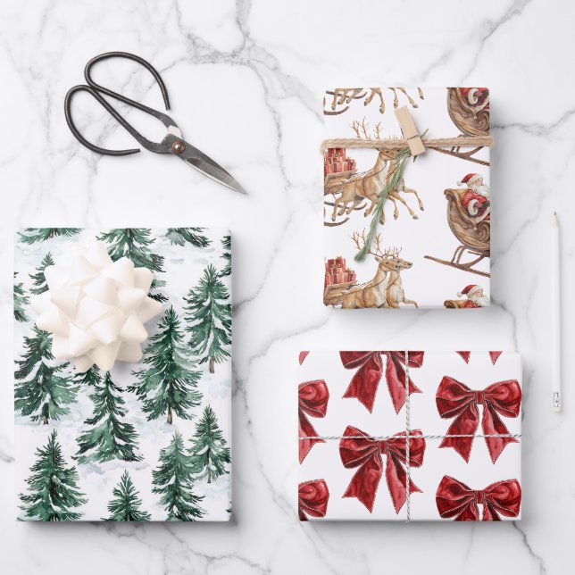 Classic Christmas Santa Sleigh Trees Red Bows Wrapping Paper Sheet (Front)