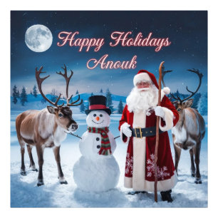 Classic Christmas Scene with Santa, Snowman Photo Print