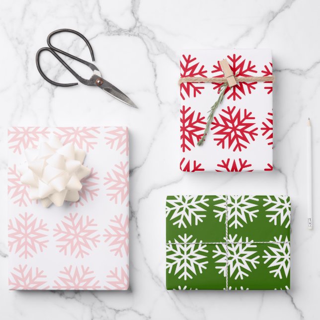 Classic Christmas Snowflakes, Red Green White Pink Wrapping Paper Sheet (Front)