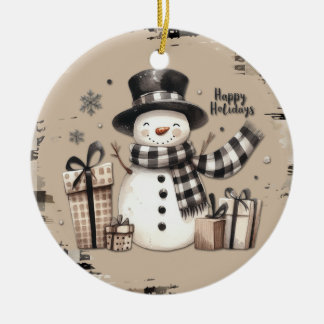 Classic Christmas snowman on a warm plaid ornament