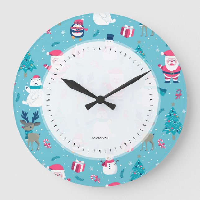Classic Christmas symbols pattern Large Clock (Front)