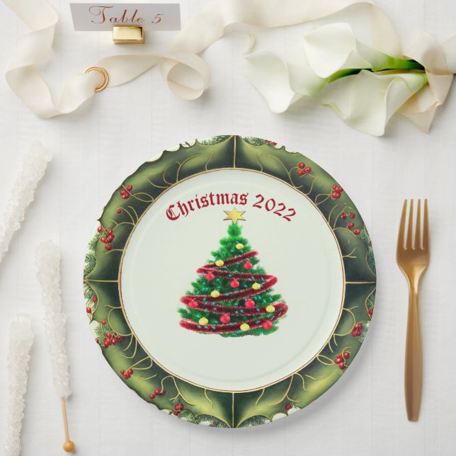 Classic Christmas Tree and Holly  Paper Plate (Wedding)