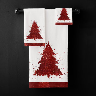 Classic Christmas Tree   Festive Rich Crimson Red Bath Towel Set