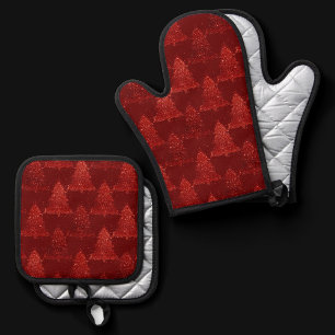Classic Christmas Tree Festive Rich Crimson Red Oven Mitt & Pot Holder Set