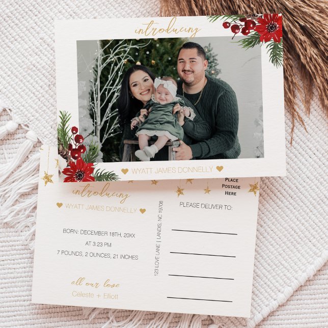 Classic Christmas White Photo Birth Announcement (Creator Uploaded)
