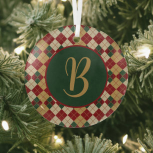 Classic, Christmas/winter argyle patterned Glass Ornament