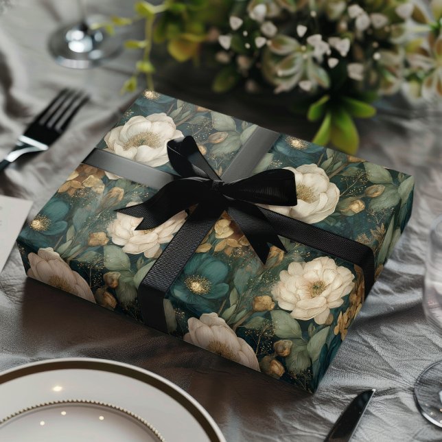 Classic Christmas Winter Green and White Floral Wrapping Paper Sheet (Creator Uploaded)