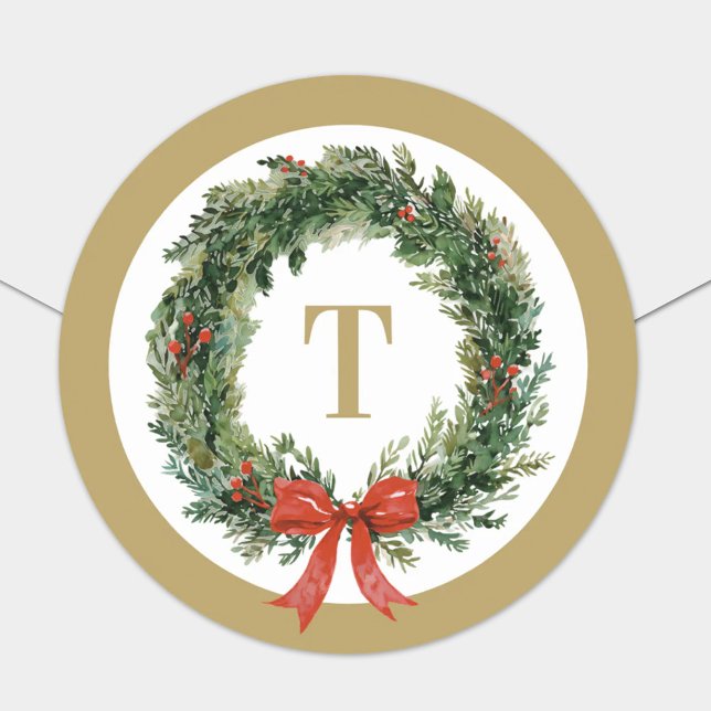 Classic Christmas Wreath Gold Monogram Initial Round Sticker (Creator Uploaded)