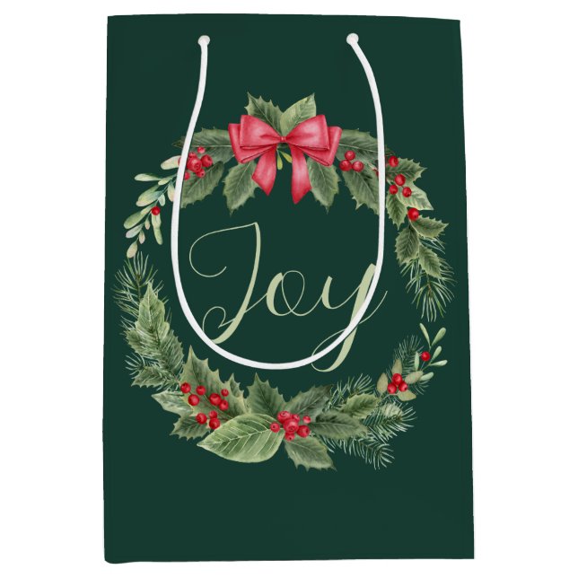 Classic Christmas Wreath Green Joy Medium Gift Bag (Front)