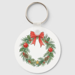 Classic Christmas Wreath with Bow for Decor Lovers Keychain