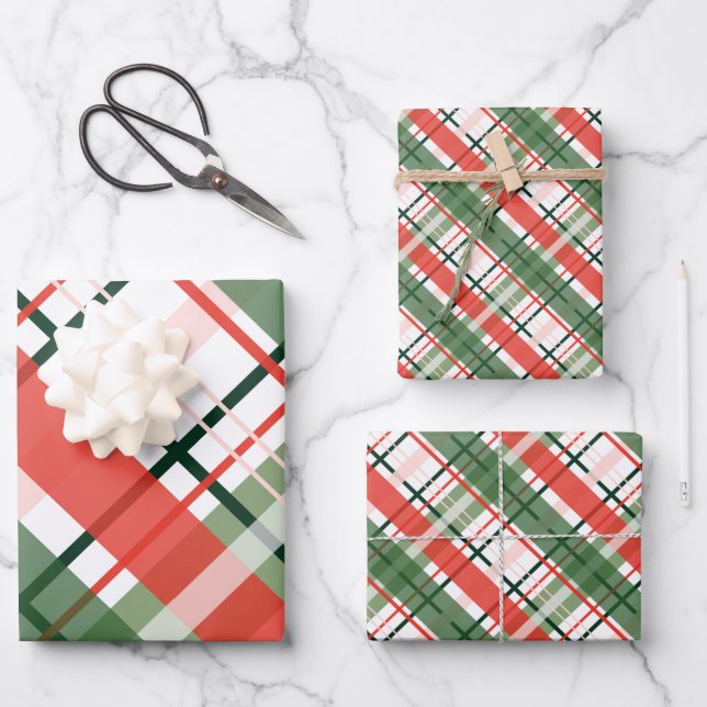 Classic Christmass Red Green and White plaid Wrapping Paper Sheet (Front)