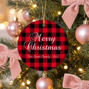 Classic Christmassy Red Buffalo Plaid Family Photo Ceramic Ornament