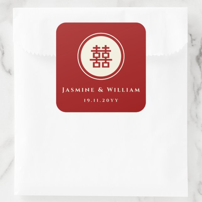 Classic Circle Double Happiness Chinese Wedding Square Sticker (Bag)