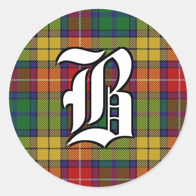 Classic Clan Buchanan Tartan Monogram Round Sticker (Front)