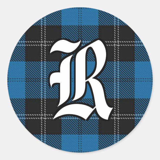 Classic Clan Ramsay Blue Tartan Monogram Round Sticker (Front)