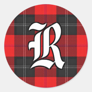 Classic Clan Ramsay Red and Black Tartan Monogram Round Sticker