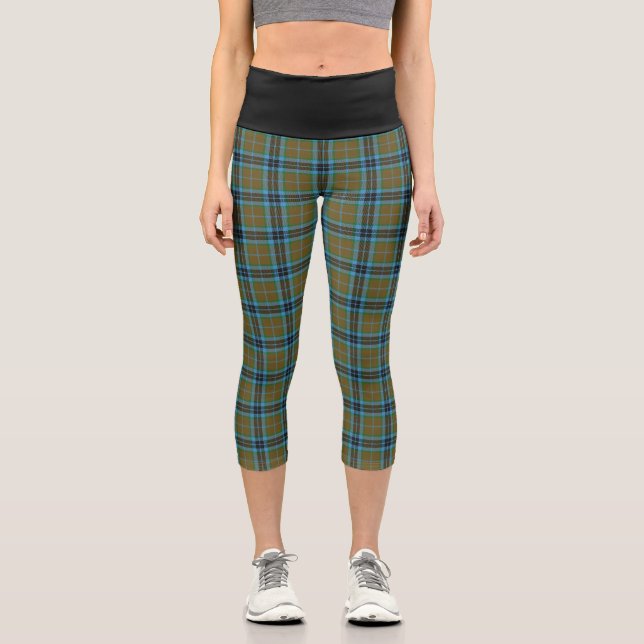 Classic Clan Thompson Blue Brown Tartan Plaid Capri Leggings (Front)