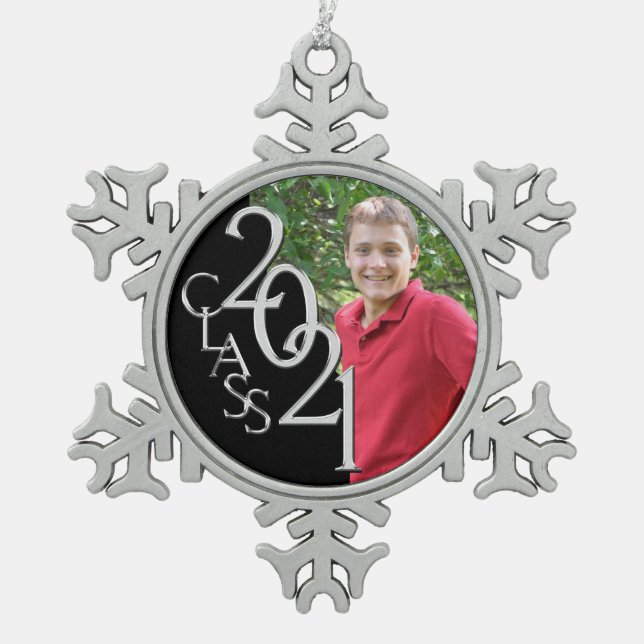Classic Class of 2021 Graduation Photo Snowflake Pewter Christmas Ornament (Front)