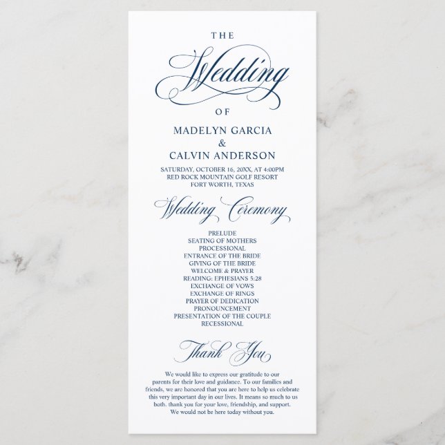 Classic Classy Wedding Program Card (Front)