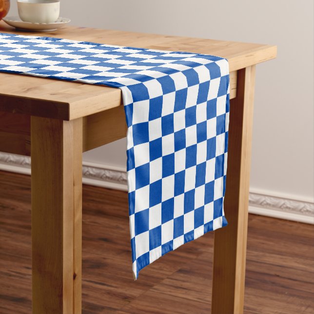 Classic cobalt blue chequerboard short table runner (In Situ)