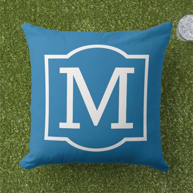 Classic Cobalt Blue Custom Monogram Letter Outdoor Pillow (Grass)