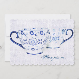 Classic cobalt blue pattern tea cups invitation
