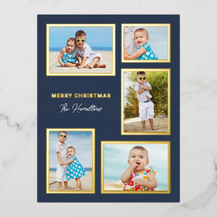 Classic Collage 5-Photo Navy Blue & Gold Foil Holiday Postcard