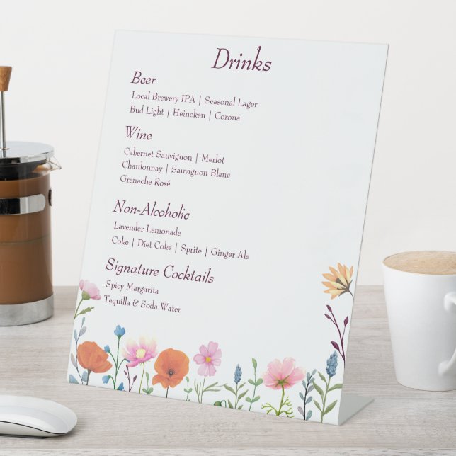 Classic colorful floral greenery drinks menu pedestal sign (In SItu)