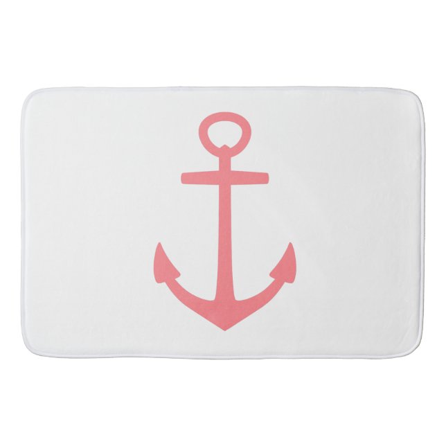 Classic Coral Pink Nautical Anchor on White Bath Mat (Front)