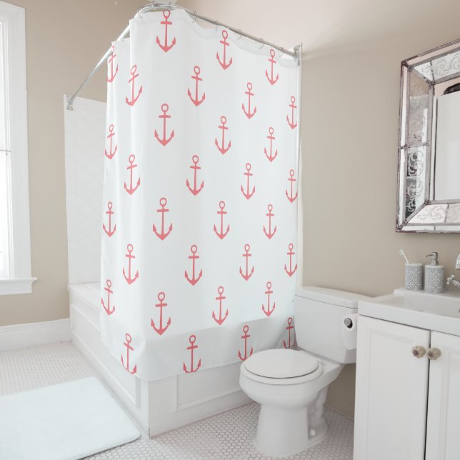 Classic Coral Pink Nautical Anchors on White (In Situ)