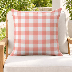 Classic Coral White Gingham Plaid Check Outdoor Pillow