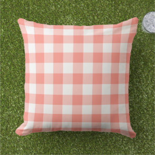 Classic Coral White Gingham Plaid Check Outdoor Pillow