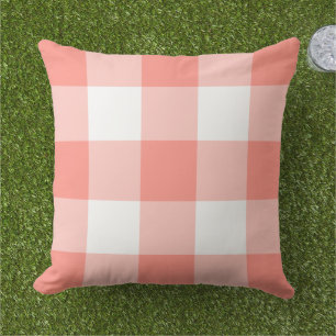 Classic Coral White Large Gingham Check Outdoor Pillow